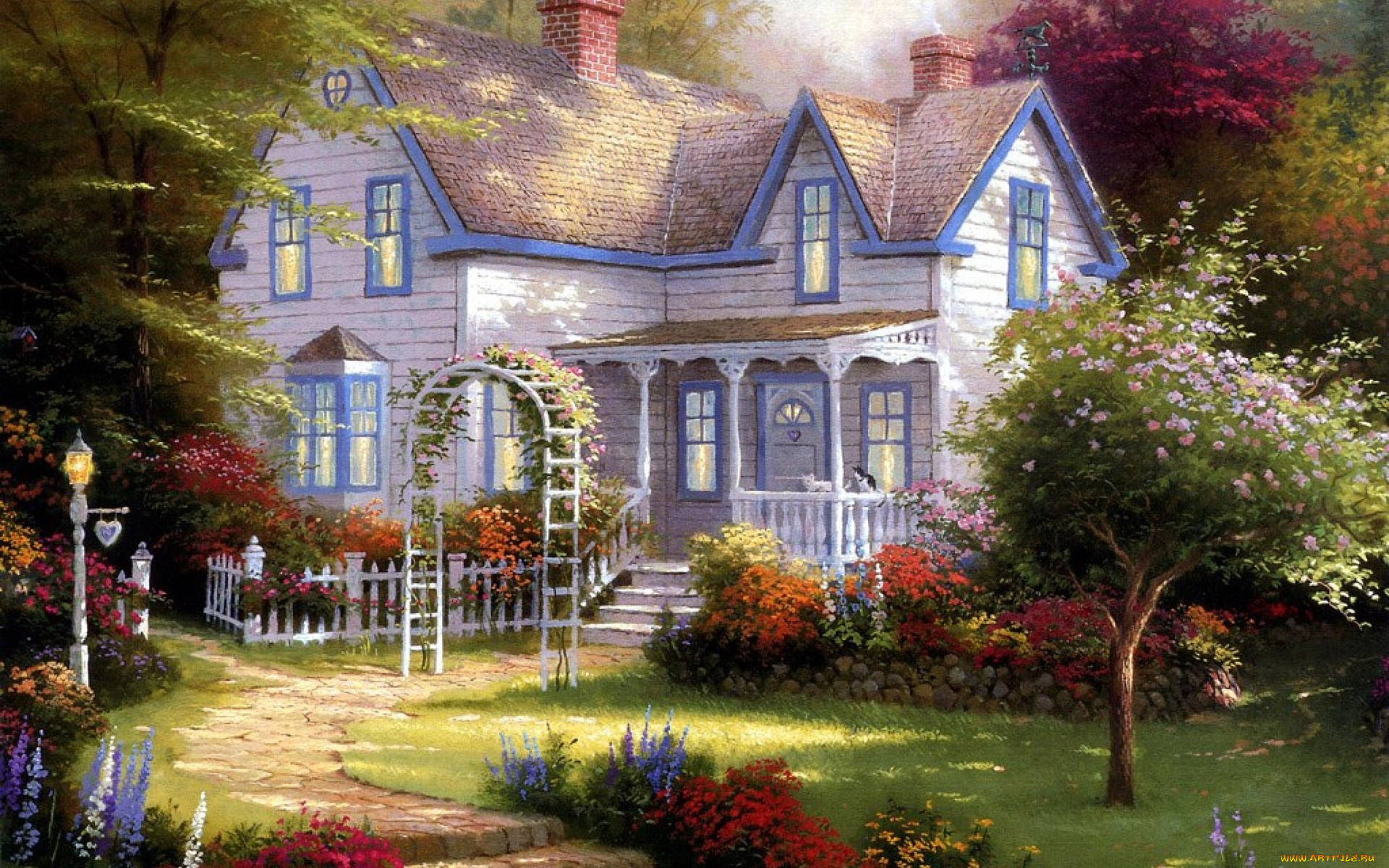 Обои Home Is Where the Heart Is Рисованное Thomas Kinkade, обои для рабочего  стола, фотографии home, is, where, the, heart, рисованные, thomas, kinkade,  лето, дом, коттедж Обои для рабочего стола, скачать обои